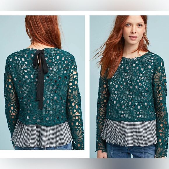 NWT Anthropologie Maeve Green Pleated Lace Gabriella Gingham & Lace Top Medium - Picture 1 of 14